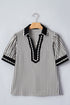 Striped Split Neck Collared Short Bubble Sleeve Blouse