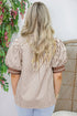 Striped Split Neck Collared Short Bubble Sleeve Blouse