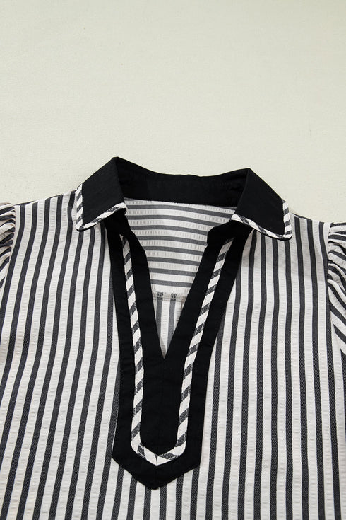 Striped Split Neck Collared Short Bubble Sleeve Blouse