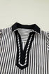 Striped Split Neck Collared Short Bubble Sleeve Blouse