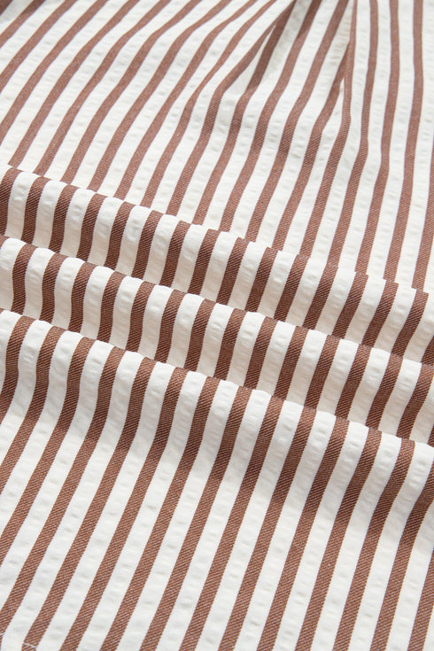 Striped Split Neck Collared Short Bubble Sleeve Blouse