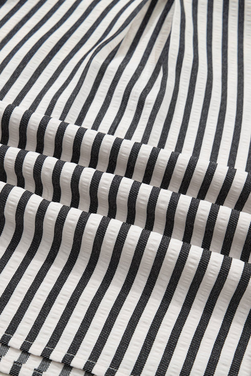 Striped Split Neck Collared Short Bubble Sleeve Blouse