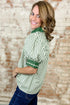 Striped Split Neck Collared Short Bubble Sleeve Blouse