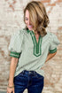 Striped Split Neck Collared Short Bubble Sleeve Blouse