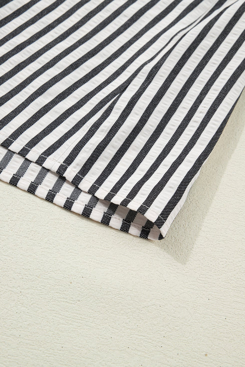 Striped Split Neck Collared Short Bubble Sleeve Blouse