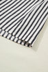 Striped Split Neck Collared Short Bubble Sleeve Blouse
