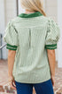 Striped Split Neck Collared Short Bubble Sleeve Blouse