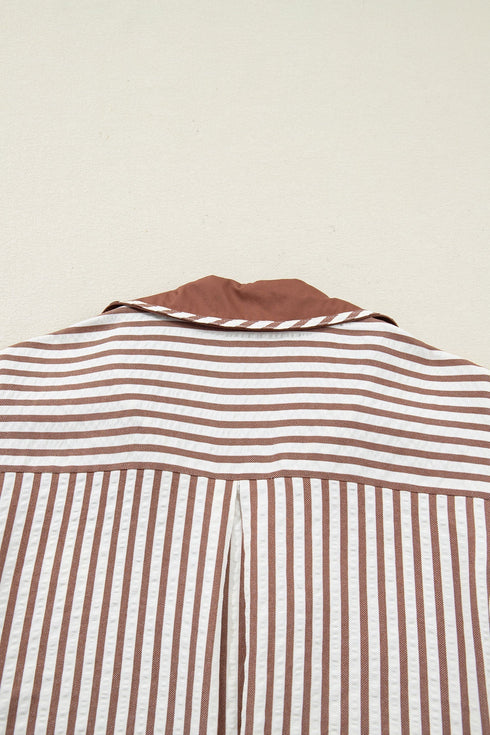 Striped Split Neck Collared Short Bubble Sleeve Blouse