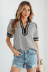 Striped Split Neck Collared Short Bubble Sleeve Blouse