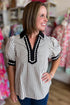 Striped Split Neck Collared Short Bubble Sleeve Blouse