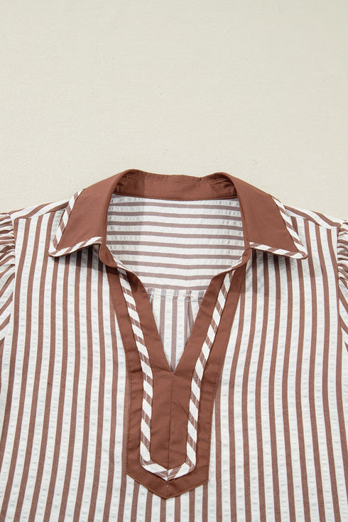 Striped Split Neck Collared Short Bubble Sleeve Blouse