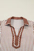 Striped Split Neck Collared Short Bubble Sleeve Blouse
