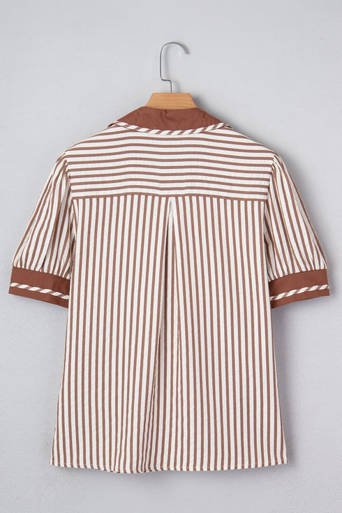 Striped Split Neck Collared Short Bubble Sleeve Blouse