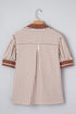 Striped Split Neck Collared Short Bubble Sleeve Blouse
