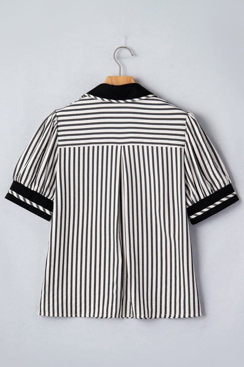 Striped Split Neck Collared Short Bubble Sleeve Blouse