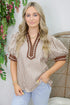 Striped Split Neck Collared Short Bubble Sleeve Blouse
