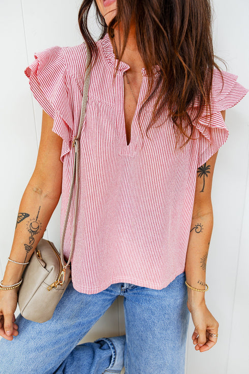 Striped Split Neck Double Ruffled Short Sleeve Blouse