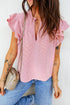 Striped Split Neck Double Ruffled Short Sleeve Blouse