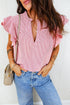 Striped Split Neck Double Ruffled Short Sleeve Blouse