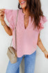Striped Split Neck Double Ruffled Short Sleeve Blouse