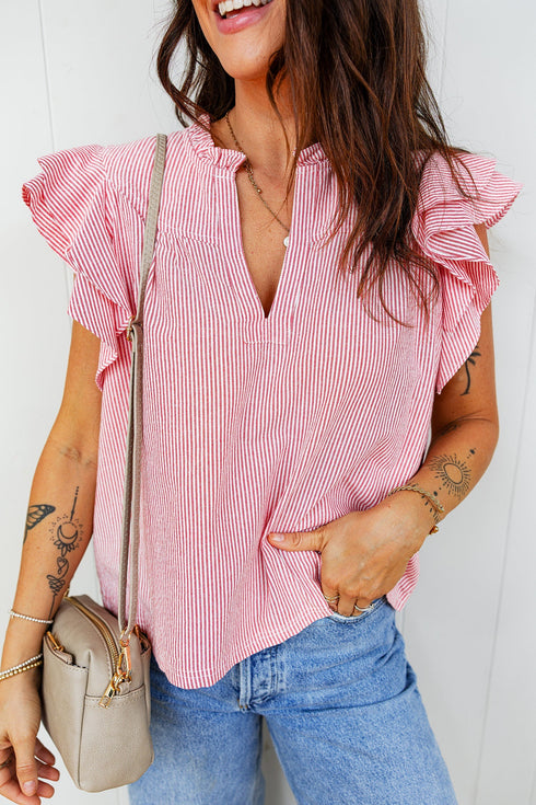 Striped Split Neck Double Ruffled Short Sleeve Blouse