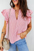 Striped Split Neck Double Ruffled Short Sleeve Blouse