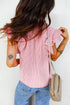 Striped Split Neck Double Ruffled Short Sleeve Blouse