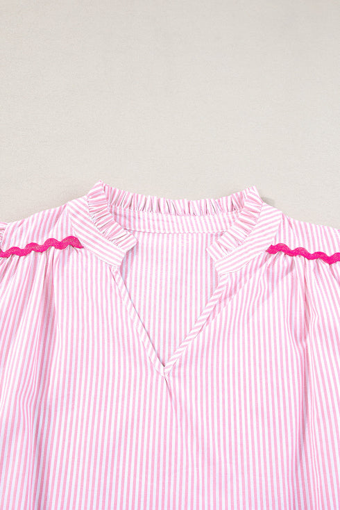 Striped Split Neck Ricrac Trimmed Cotton Blouse