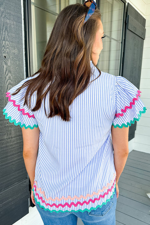Striped Split Neck Ricrac Trimmed Cotton Blouse