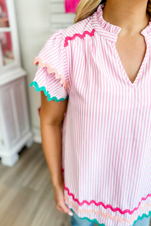 Striped Split Neck Ricrac Trimmed Cotton Blouse