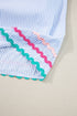 Striped Split Neck Ricrac Trimmed Cotton Blouse