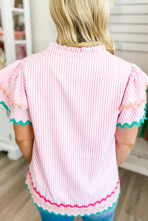 Striped Split Neck Ricrac Trimmed Cotton Blouse