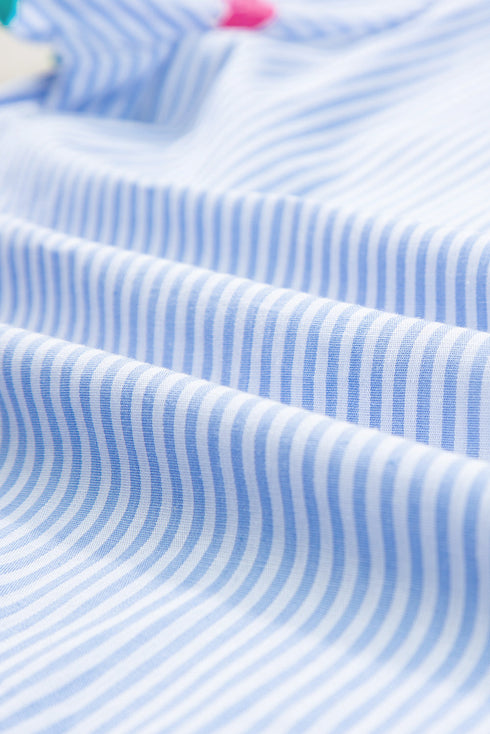 Striped Split Neck Ricrac Trimmed Cotton Blouse