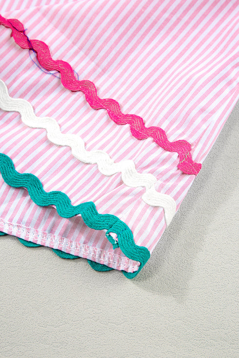 Striped Split Neck Ricrac Trimmed Cotton Blouse