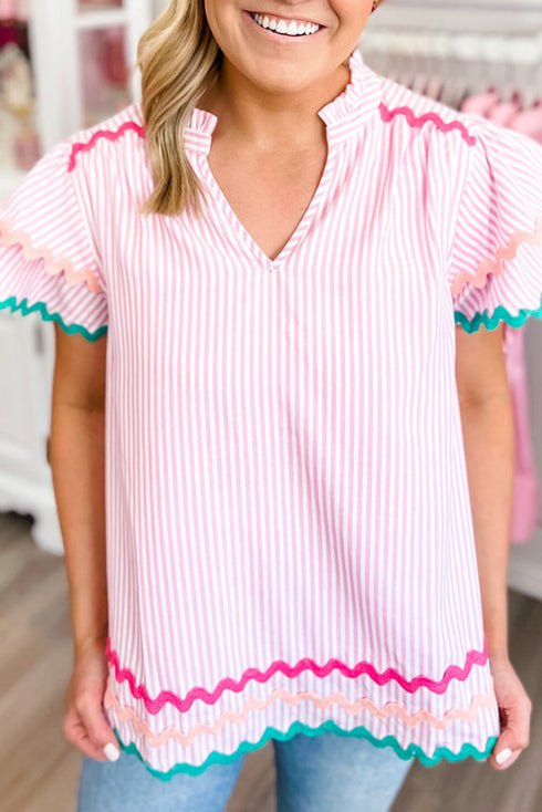 Striped Split Neck Ricrac Trimmed Cotton Blouse