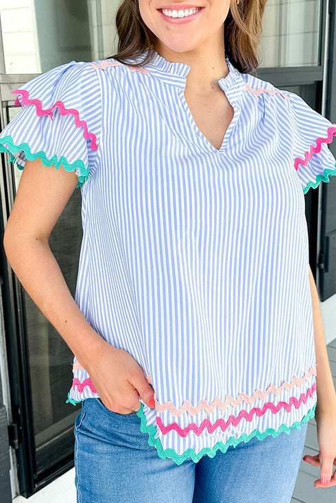 Striped Split Neck Ricrac Trimmed Cotton Blouse