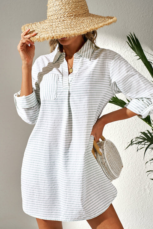 Striped Split Neck Roll Tab Sleeve Pocketed Shirt Dress