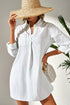 Striped Split Neck Roll Tab Sleeve Pocketed Shirt Dress