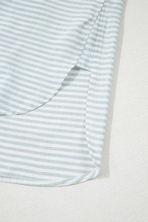 Striped Split Neck Roll Tab Sleeve Pocketed Shirt Dress