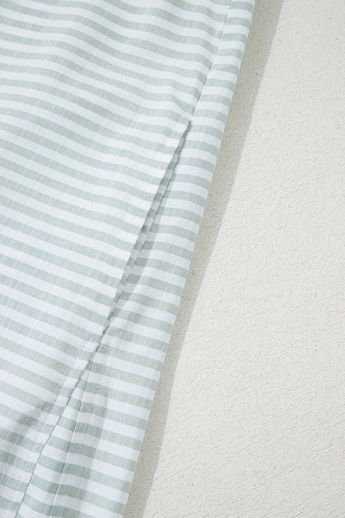 Striped Split Neck Roll Tab Sleeve Pocketed Shirt Dress