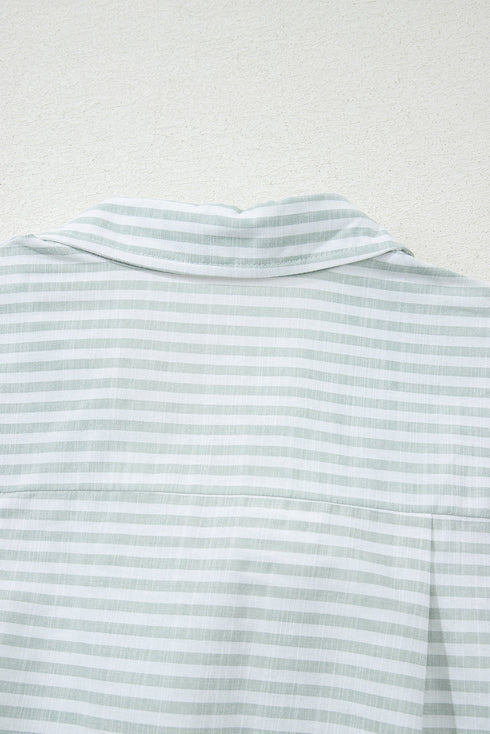 Striped Split Neck Roll Tab Sleeve Pocketed Shirt Dress