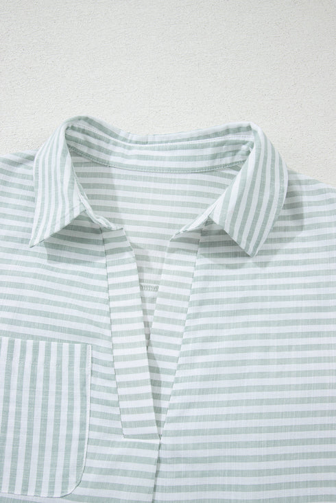 Striped Split Neck Roll Tab Sleeve Pocketed Shirt Dress
