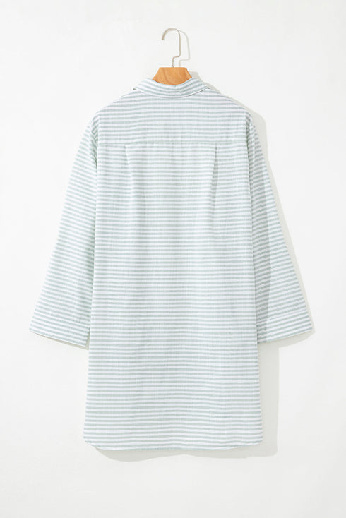 Striped Split Neck Roll Tab Sleeve Pocketed Shirt Dress