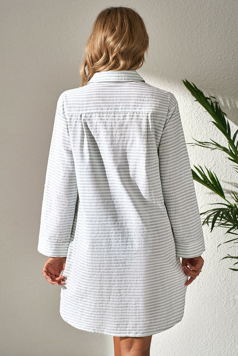Striped Split Neck Roll Tab Sleeve Pocketed Shirt Dress