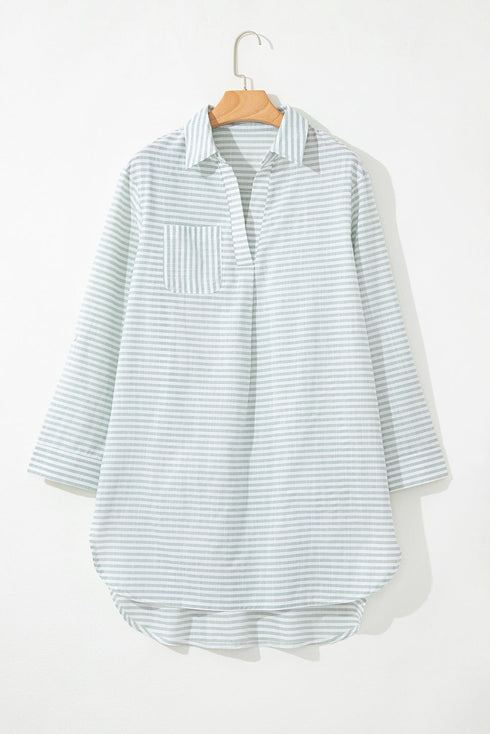 Striped Split Neck Roll Tab Sleeve Pocketed Shirt Dress
