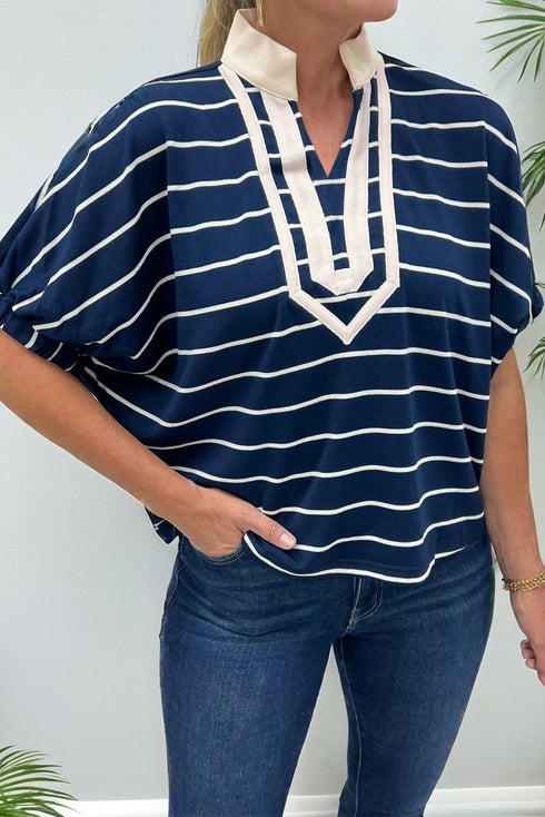 Striped Stand Collar V Neck Half Sleeve Dolman Blouse