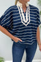 Striped Stand Collar V Neck Half Sleeve Dolman Blouse