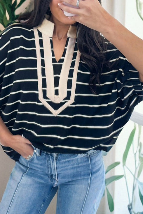Striped Stand Collar V Neck Half Sleeve Dolman Blouse
