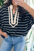 Striped Stand Collar V Neck Half Sleeve Dolman Blouse
