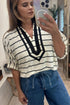 Striped Stand Collar V Neck Half Sleeve Dolman Blouse